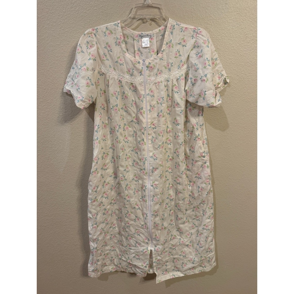 VINTAGE Elegant Emily House Dress Small White Floral Excellent Zipper Seersucker